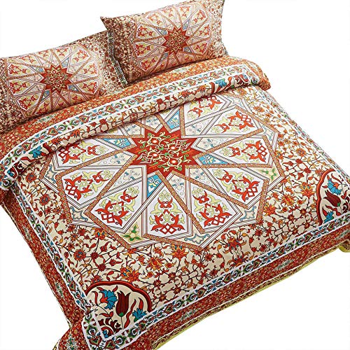 Wake In Cloud - Mandala Comforter Set, Orange Bohemian Boho Chic Medallion Pattern Printed, Soft Microfiber Bedding (3pcs, Queen Size)