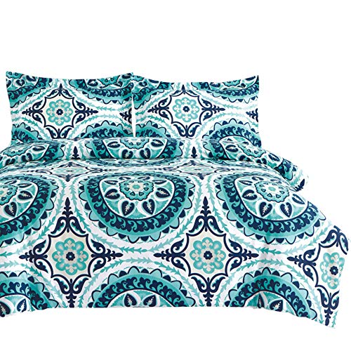 Wake In Cloud - Teal Comforter Set, Turquoise Bohemian Boho Chic Mandala Medallion Pattern Printed on White, Soft Microfiber Bedding (3pcs, Twin Size)