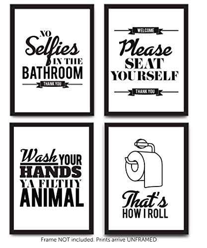 Designs by Maria Inc. Funny Bathroom Decor Typography Prints (Unframed) Wall Art & Pictures | Great Gift Set of 4 Quotes, Signs & Rules (8x10)