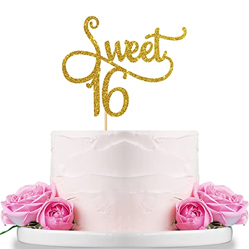Gold Sweet 16 Cake Topper - Happy 16th Birthday Party Decoration Supplies - Sweet Sixteen Cake Topper