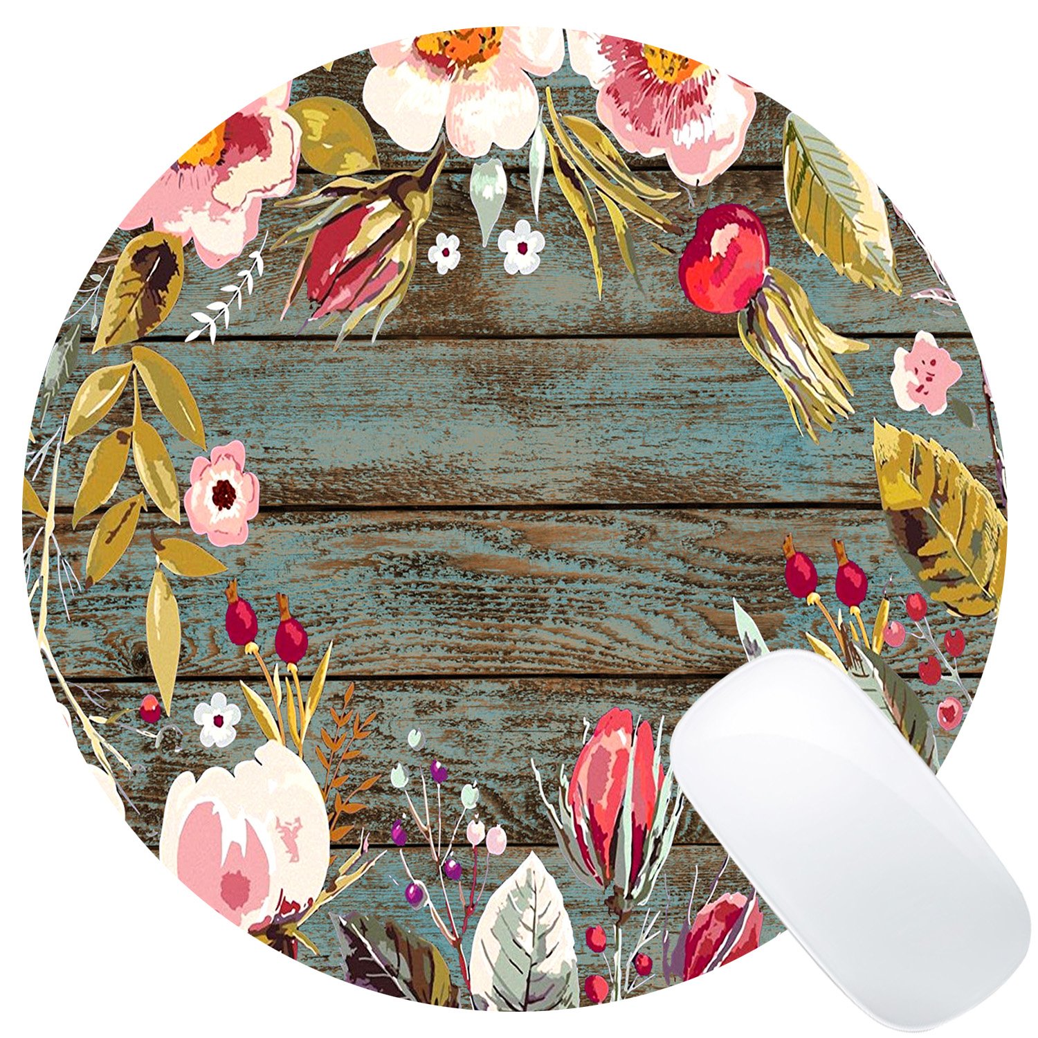 Wknoon Cute Round Mouse Pad Custom, Vintage Hand Drawn Floral Wreath Art on Rustic Wood Circular Mouse Pads for Computers Laptop Color_CR37