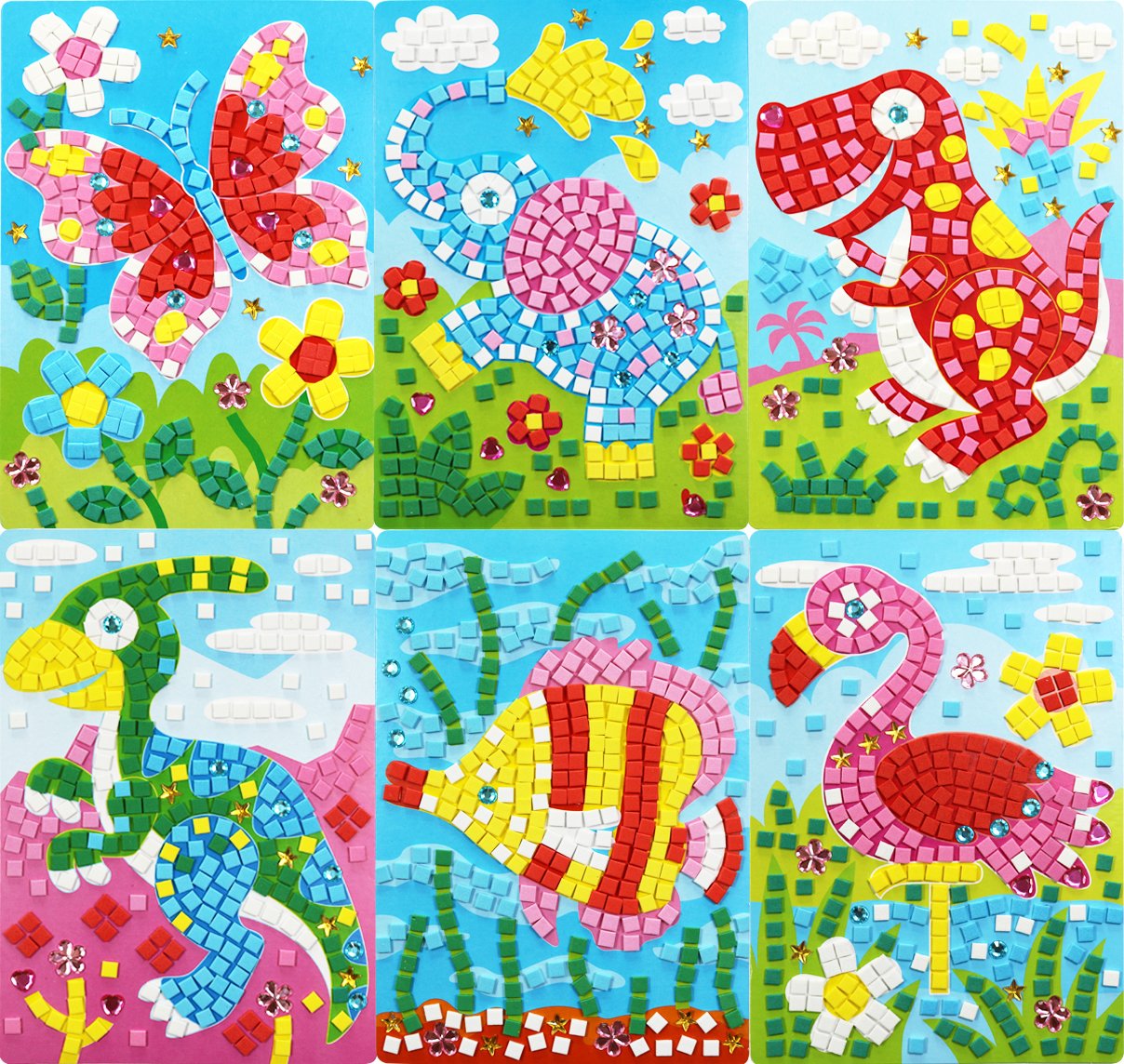 FYZ Brothers EVA Mosaic Sticker Children's DIY Educational Toys EVA Hand-Made Sticker (Butterfly,Elephant,Tyrannosaurus,Elephant,Fish,Crane,Platypus)