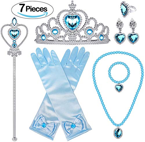 Bonallo Princess Dress Up Accessories Set for Girls Jewelry with Crown Scepter Necklace Earrings Gloves Rings Bracelets Blue (7pcs)