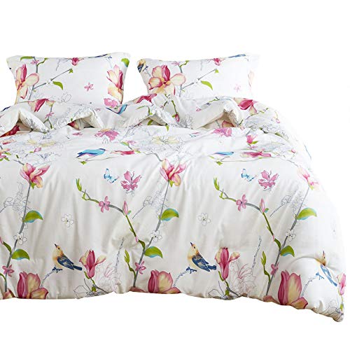 Wake In Cloud - Floral Comforter Set, Botanical Flowers and Birds Pattern Printed,100% Cotton Fabric with Soft Microfiber Inner Fill Beddings (3pcs, Queen Size)