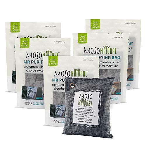 MOSO NATURAL Air Purifying Bags. Odor Eliminator and Odor Absorber. (5) Individually Sealed 200g Charcoal Deodorizer Bags.
