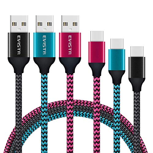 EVISTR USB Certified Type C Cable 3PACK 10FT Charging Cable for Smartphones, Nylon Braid USB C Charger Sync Data Cord for Samsung Galaxy S9 S8 Note 8,Pixel,LG V30, ZTE Axon, Nintendo Switch and More