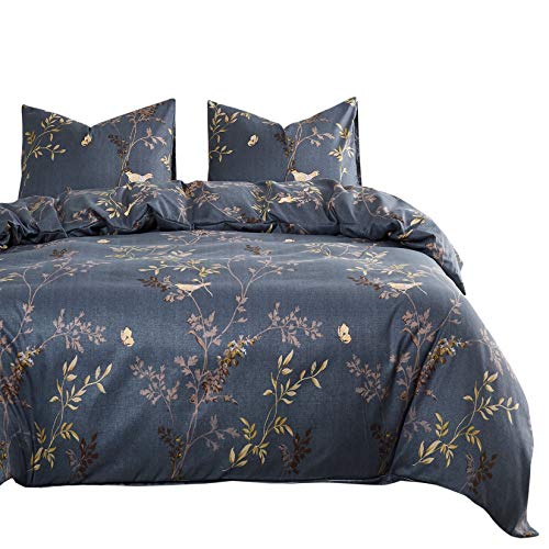 Book Cover Wake In Cloud - Gray Comforter Set, Birds Floral Flowers Leaves Pattern Printed on Dark Grey, Soft Microfiber Bedding (3pcs, Queen Size)