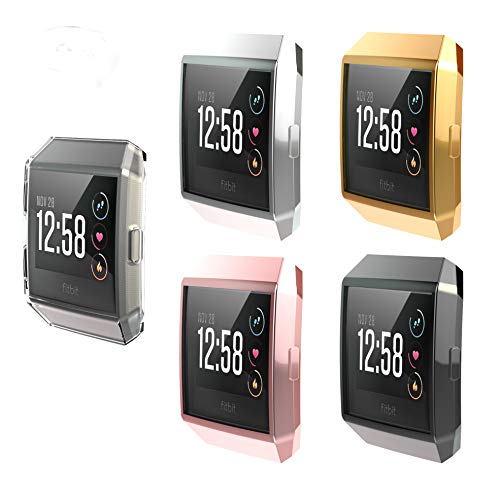 [5-Pack] Fitbit Ionic Screen Protector Case, JZK Scratch-Resistant Flexible Lightweight Plated TPU Fullbody Protective Case for Fitbit Ionic Smart Watch,Black+Clear+Gold+Pink+Silver