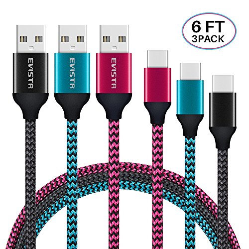 Book Cover USB Certified Type C Cable - EVISTR 3PACK 6FT Charging Cable for Smartphones, Nylon Braid USB Charger Sync Data Cord for Samsung Galaxy S9 S8 Note 8, Pixel, LG V30, ZTE Axon, Nintendo Switch and More