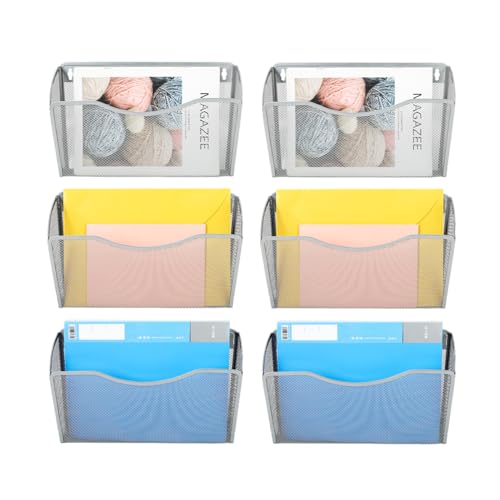 PAG 3 Pocket Office Supplies Mesh Organizer Wall Mount File Holder Magazine Rack, Silver