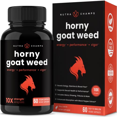Premium Horny Goat Weed Extract [10X Strength Icariins] with Maca, Tribulus & Ginseng - Energy & Performance Complex for Men & Women - 1000mg Epimedium Powder Pills Supplement, Vegan Capsules