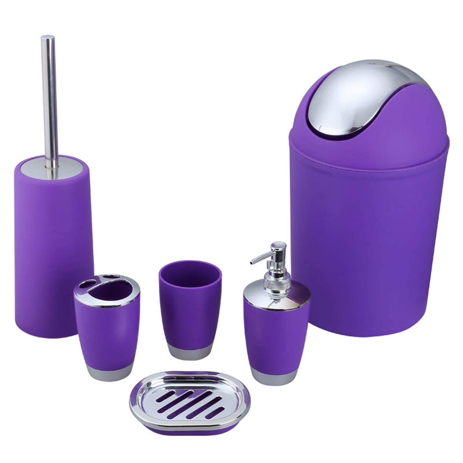 Book Cover Bathroom Accessories Set 6 Pieces Plastic Bathroom Accessories Toothbrush Holder, Rinse Cup, Soap Dish, Hand Sanitizer Bottle, Waste Bin, Toilet Brush with Holder (Purple)