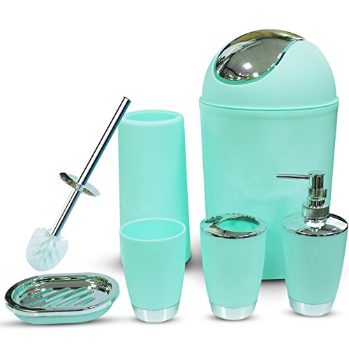 Book Cover Mint Green Bathroom Accessories Set 6 Pieces Plastic Bathroom Accessories Toothbrush Holder, Rinse Cup, Soap Dish, Hand Sanitizer Bottle, Waste Bin, Toilet Brush with Holder