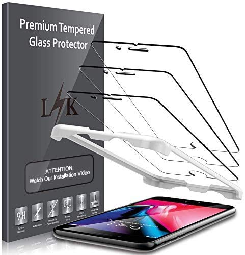 Book Cover LK 3 Pack Screen Protector Compatible for iPhone 8 Plus and iPhone 7 Plus Tempered Glass Film - Alignment Frame Easy Installation - HD Clarity, Bubble Free, Case Friendly