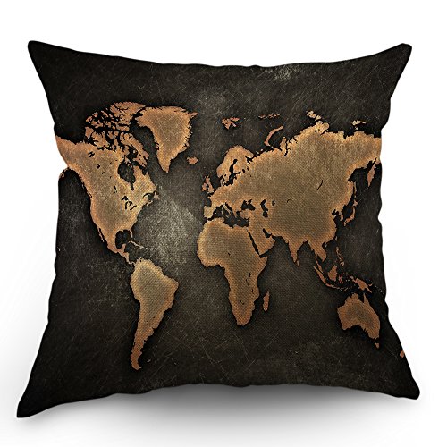 Moslion World Map Pillow Case Decor Vintage Map on Black Background Throw Pillow Case 18" x 18" Inch Cotton Linen Cushion Cover for Men Women Brown Black