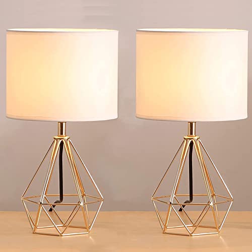 SOTTAE Gold Hollowed Out Base Modern Lamps Set of 2, Bedside Table Lamp for Bedroom Living Room 16 inch Desk Lamp with White Fabric Shade(Small Size)