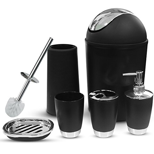 Book Cover Black Bathroom Accessories Set 6 Pieces Plastic Bathroom Accessories Toothbrush Holder, Rinse Cup, Soap Dish, Hand Sanitizer Bottle, Waste Bin, Toilet Brush with Holder