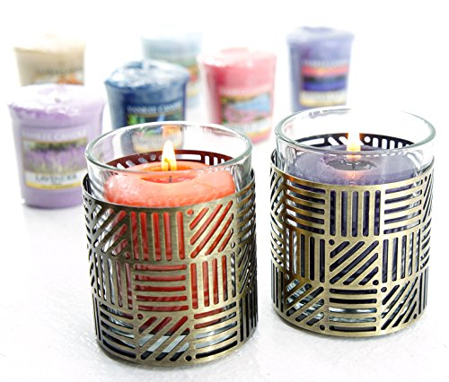 My Planet Yankee Candle - 2 x Photophores en laiton hachuré, produits officiels de la marque Yankee - le coffre cadeau comprend 8 x bougies votives assorties