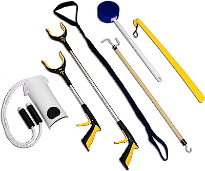 RMS Premium 7-Piece Hip Knee Replacement Kit with Leg Lifter, 19 and 32 inch Rotating Reacher Grabber, Long Handle Shoe Horn, Sock Aid, Dressing Stick, Bath Sponge - for Knee or Back Surgery Recovery 7 Piece Set Premium