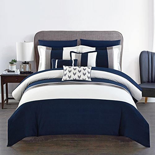 Book Cover Chic Home Ayelet 10 Piece Comforter Set Color Block Ruffled Bag Bedding, Queen, Navy