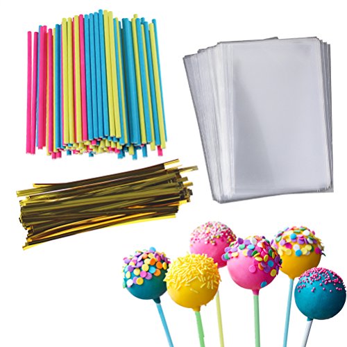 Cake Pop Treat Bag Set, 100 PCS Colorful Lollipop Sticks, 100 PCS Lollipop Parcel Bags with 100 PCS Metallic Twist Ties