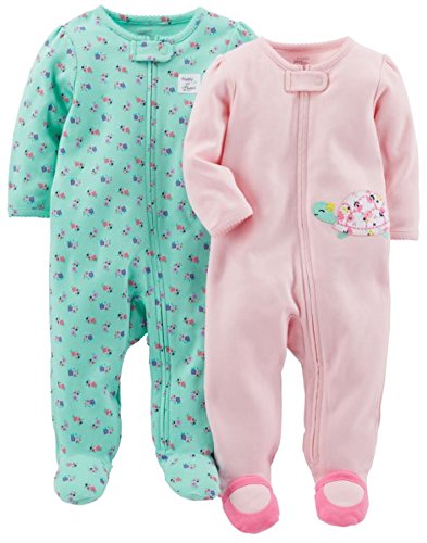 Simple Joys by Carter's Baby Girls' Cotton Footed Sleep and Play, Pack of 2, Mint Green Floral/Pink Turtle, 3-6 Months