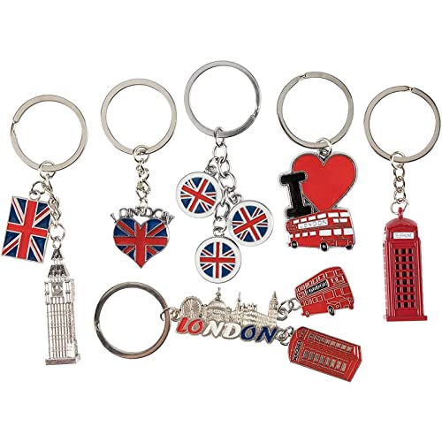 6 Pack London Keychains, British Souvenir Gifts, UK Flag, Telephone Booth, Big Ben, Double-Decker Bus, England Metal Key Rings