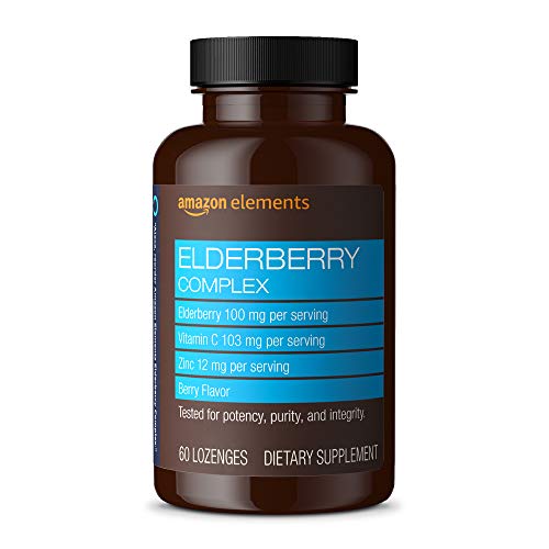 Book Cover Amazon Elements Elderberry Complex, Immune System Support, Berry Flavored Lozenges, 60 Count, Elderberry 100mg, Vitamin C 103mg, Zinc 12mg per Serving (Packaging may vary)