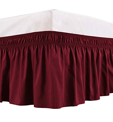 Book Cover Biscaynebay Wrap Around Bed Skirts Elastic Dust Ruffles, Easy Fit Wrinkle and Fade Resistant Textured Silky Luxrious Fabric Solid Color, Burgundy King 15 Inches Drop