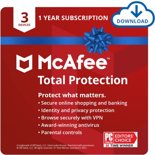 McAfee Total Protection 2022 | 3 Device | Antivirus Internet Security Software | VPN, Password Manager & Dark Web Monitoring Included | PC/Mac/Android/iOS | 1 Year Subscription | Download Code