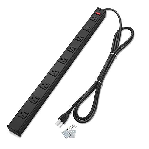 BESTTEN 9 Outlet Industrial Heavy Duty Metal Power Strip, Right Angle Plug, 9-Foot Extension Cord, ETL Certified, Black