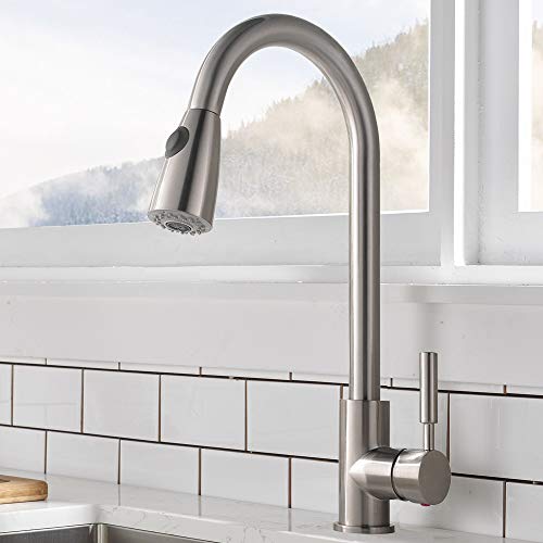 Book Cover Comllen Commercial Single Handle High Arc Brushed Nickel Pull out Kitchen Faucet,Single Level Stainless Steel Kitchen Sink Faucet with Pull Down Sprayer Without Deck Plate