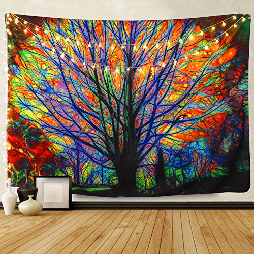 Book Cover BLEUM CADE Colorful Tree Tapestry Wall Hanging Psychedelic Forest with Birds Wall Tapestry Bohemian Mandala Hippie Tapestry for Bedroom Living Room Dorm