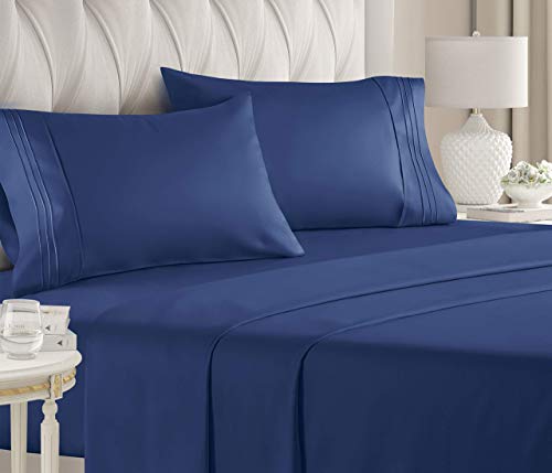 Book Cover Twin Size Sheet Set - 4 Piece - Hotel Luxury Bed Sheets - Extra Soft - Deep Pockets - Easy Fit - Breathable & Cooling - Wrinkle Free - Comfy - Navy Blue Bed Sheets - Twins Royal Sheets - 4 PC