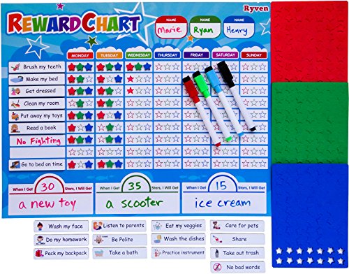 Book Cover Ryven Kids Reward Chart Set - Magnetic Responsibility and Good Behavior Chore Board with 210 Magnetic Stars & 4 Dry Erase Markers for Multiple Children Learning of Rules, Daily Routine, Education