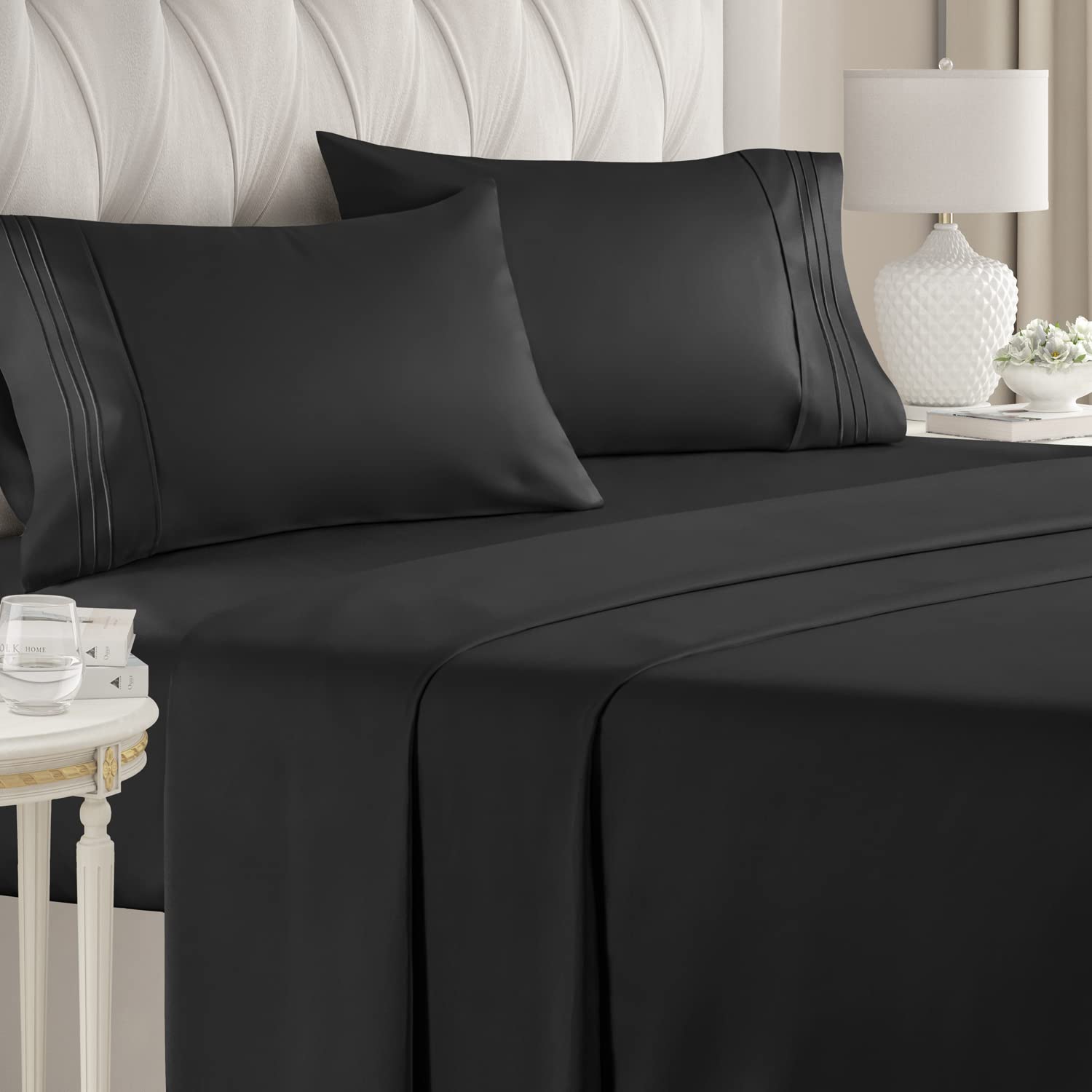Full Size Sheet Set - Breathable & Cooling Sheets - Hotel Luxury Bed Sheets - Extra Soft - Deep Pockets - Easy Fit - 4 Piece Set - Wrinkle Free - Comfy - Black Bed Sheets - Fulls Sheets - 4 PC 24 - Black Full