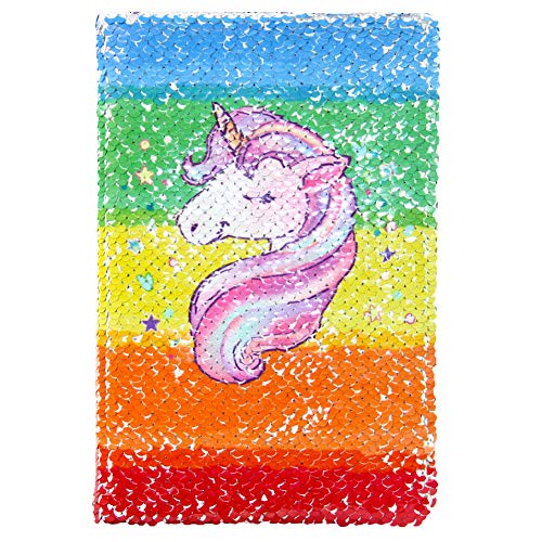 Beinou Unicorn Notebook, Reversible Sequin Notebook Magic Journal for Kids Adults Rainbow-Silver Sequin Diary Mermaid Notepad for Festival Birthday Gifts