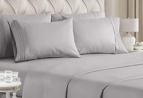 Book Cover California King Size Sheet Set - 6 Piece Set - Hotel Luxury Bed Sheets - Extra Soft - Deep Pockets - Easy Fit - Breathable & Cooling - Wrinkle Free - Comfy - Light Grey Bed Sheets - Cali Kings Sheets