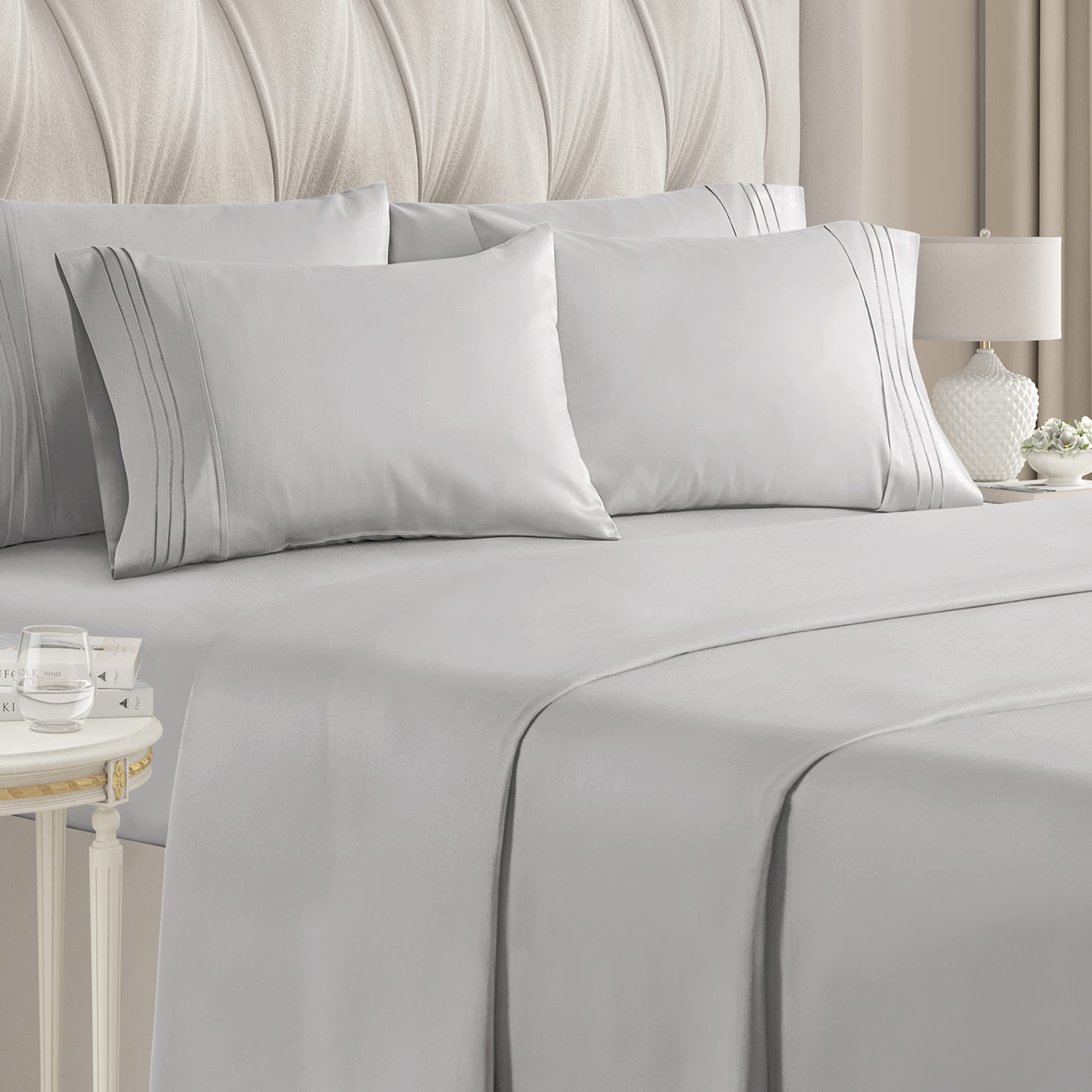 Book Cover Full Size Sheet Set - 6 Piece Set - Hotel Luxury Bed Sheets - Extra Soft - Deep Pockets - Easy Fit - Breathable & Cooling Sheets - Wrinkle Free - Gray - Light Grey Bed Sheets - Fulls Sheets - 6 PC 02 - Light Grey Full