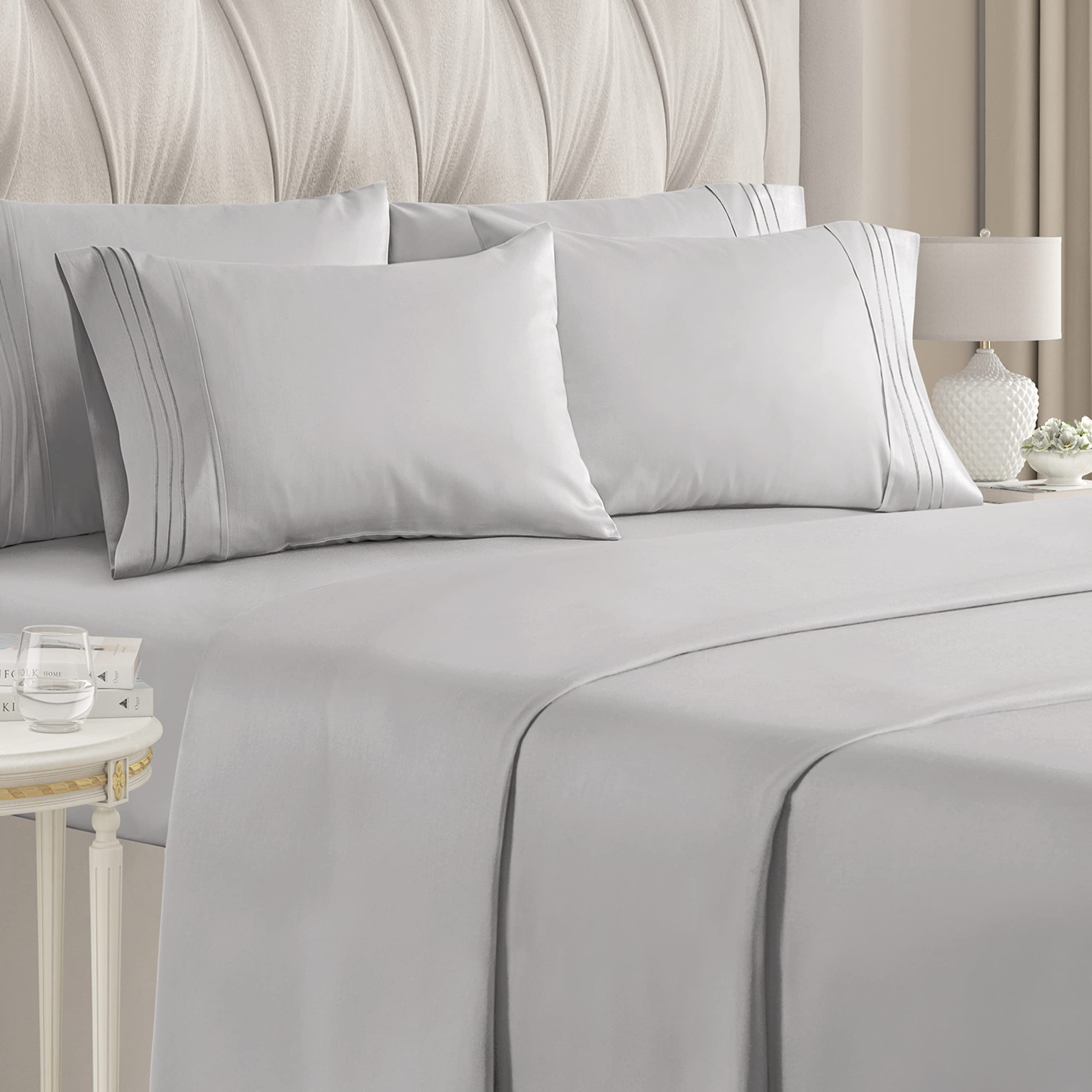 Full Size Sheet Set - 6 Piece Set - Hotel Luxury Bed Sheets - Extra Soft - Deep Pockets - Easy Fit - Breathable & Cooling Sheets - Wrinkle Free - Gray - Light Grey Bed Sheets - Fulls Sheets - 6 PC 02 - Light Grey Full