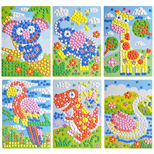 Book Cover Finduat Animal Sticky Mosaics Sticker Art DIY Handmade Art Kits for Kids - Sloth, Elephant, Giraffe, Woodpecker, Tyrannosaurus rex, Goose (6 Pack) …