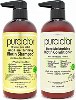 PURA D'OR Biotin Anti-Thinning Deep Moisturizing Gold Label Shampoo & Conditioner Set, Clinically Tested Effective Solution with Natural Ingredients, All Hair Types, Men & Women (Packaging may vary)