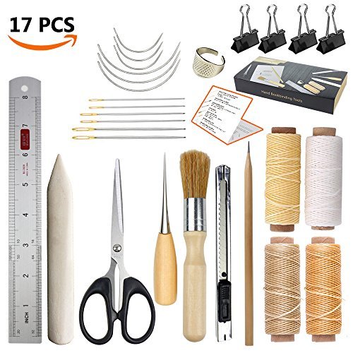 JOFAMY Bookbinding Kits, 17 pcs Bookbinding Supplies,A Necessity Book Binding Starter Kit Real Bone Folder,Paper Awl, Large-Eye Needles,Glue Brushes, Scissors, Steel Ruler Wax Thread