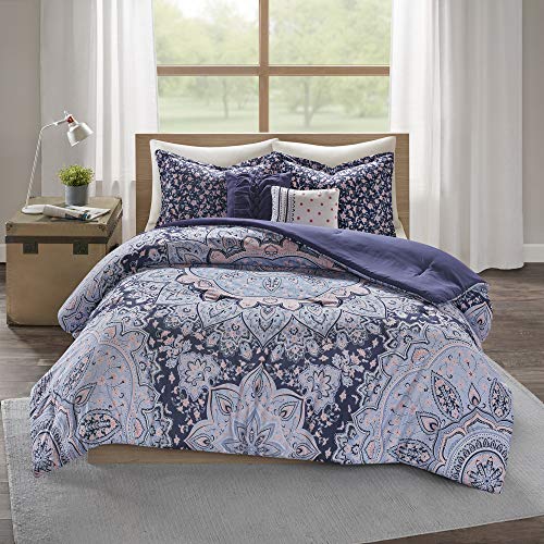 Book Cover Intelligent Design Cozy Comforter Set Casual Boho Medallion Floral Design Modern All Season Bedding with Matching Sham, Decorative Pillow, Full/Queen, Odette Blue 5 Piece