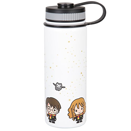 Book Cover Harry Potter Stainless Steel Water Bottle Thermos - White with Harry, Ron and Hermione Chibi Character Design - Double Wall Insulated - 550ml