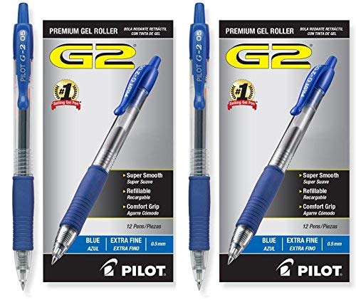 Book Cover Pilot G2 Retractable Premium Gel Ink Roller Ball Pens, Extra Fine, 24 Pack, Blue