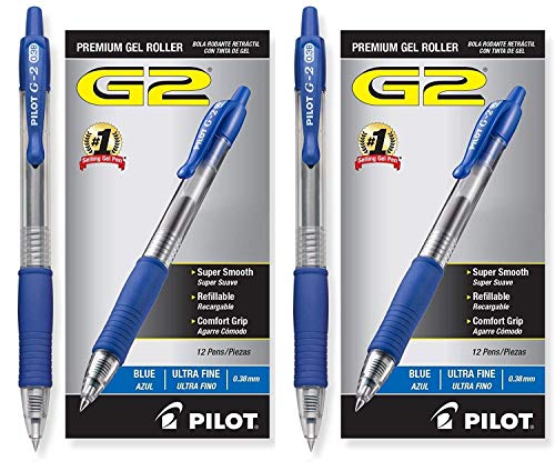 Book Cover Pilot G2 Retractable Premium Gel Ink Roller Ball Pens, Ultra Fine, 24 Pack, Blue