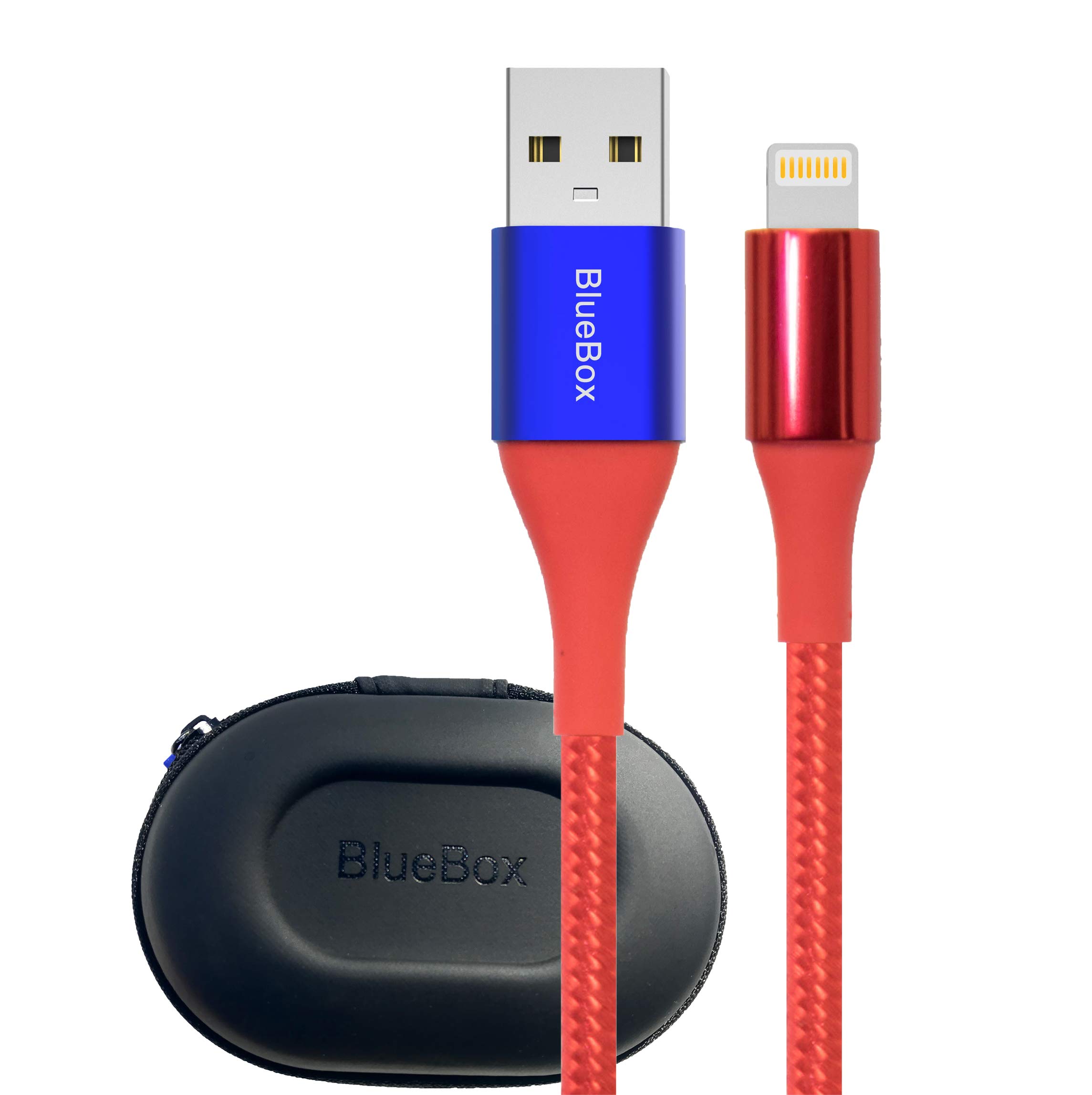 Blue Box 18 inch iPhone Charger Lightning Cable Nylon Braided Compatible with Apple iPhone 12 pro Mini pro max/11 pro pro Max/Xs/Xr, 8/7 Plus [MFi Certified] Red, 1.5 Ft with Accessory Zipper Case