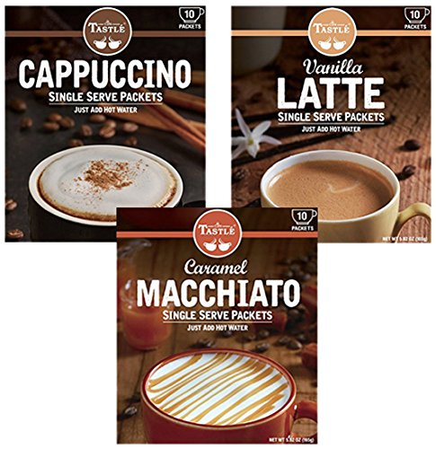 Book Cover Cafe Tastlé Cappuccino, Vanilla Latte, Caramel Macchiato, 30 Piece Variety Pack