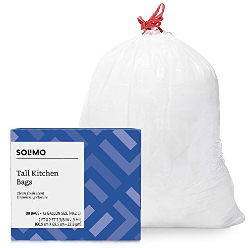 Book Cover Amazon Brand - Solimo Tall Kitchen Drawstring Trash Bags, Clean Fresh Scent, 13 Gallon, 80 Count